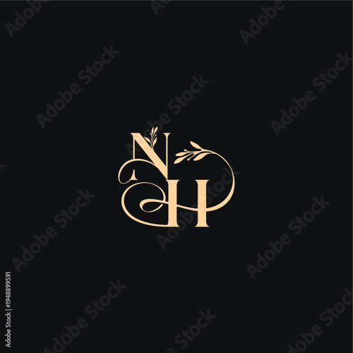 monogram elegant concept luxury feel with wavy line NH organic leaves wedding logo letter
