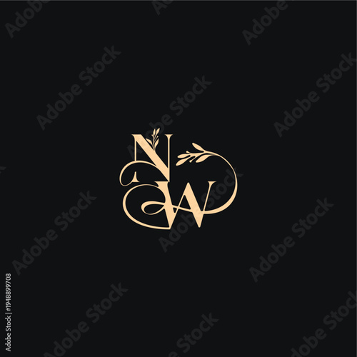 monogram elegant concept luxury feel with wavy line NW organic leaves wedding logo letter