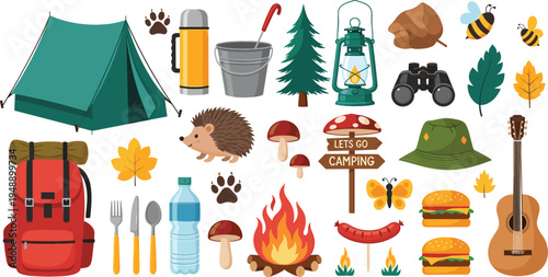 Camping adventure elements collection with tent, backpack, campfire, lantern, guitar, mushrooms, trees, food, and outdoor travel gear vector illustration set