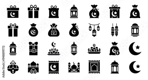 Islamic Ramadan Icons: Gifts, Lanterns, Mosques, Moon, Stars, Prayer Mats, Bags