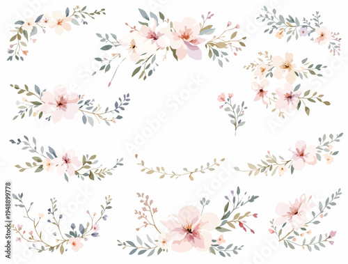 Elegant watercolor botanical garlands combining flowers, berries, and leaves into balanced decorative border compositions.