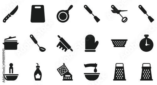 Black and White Icons of Kitchen Utensils and Cooking Tools Glyph Style
