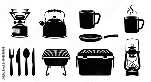 Camping Gear Icons: Stove, Kettle, Mug, Pan, Grill, Cooler, Lantern - Black  White Vector