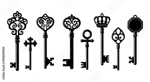 Vintage ornate keys black and white vector illustration