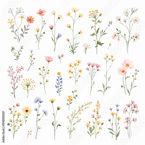 Vintage inspired watercolor flower borders featuring soft pink blossoms, tiny berries, and flowing leafy branches.