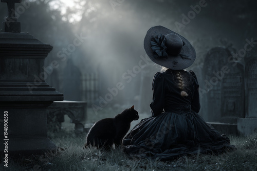 Rear view of a mysterious woman in a black gothic dress and hat sitting on the grass with a black cat in a foggy, sunlit ancient cemetery