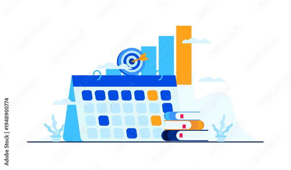 Obraz premium Productivity and education concept with planning calendar, business growth chart, and stack of books