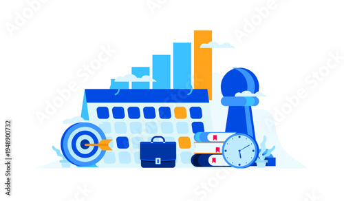 Business Planning and Strategy Concept Illustration with Calendar, Target, Books, Clock, Growth Chart, and Chess Piece for Goal Achievement.