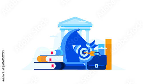 Business Strategy and Education for Success Concept with Chess Knight, Target, Books, Briefcase, and Pillars Building