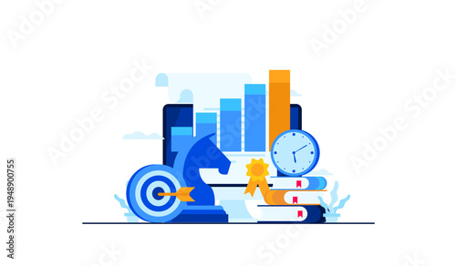 Business Strategy Concept with Chess Knight, Target, Books, Charts, and Clock