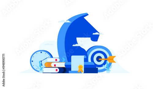 Business Strategy and Education Concept with Chess Knight, Books, Target, and Certificate