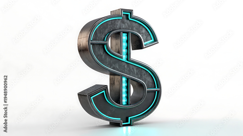 Obraz premium 3D metallic dollar sign symbol with dark chrome finish and glowing neon highlights