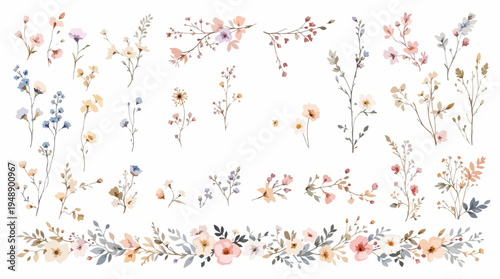 Elegant hand painted botanical garlands with pastel flowers and leaves forming graceful borders for invitations and stationery.
