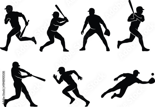 Baseball player silhouettes set showing batting, running, pitching and catching poses, professional sport action figures isolated collection