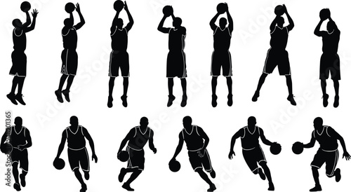 Basketball player silhouettes collection showing shooting and dribbling actions, athletic male athlete poses set, sport movement vector illustration isolated