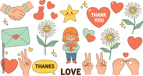 Cute gratitude and love doodle elements collection with hearts, handshake, thank you text, flowers, envelope, peace hand signs, and adorable character vector set