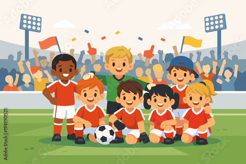 Diverse Children's Football Team Posing on a Soccer Field in a Stadium with Cheering Fans and Floodlights, Flat Vector Illustration of Happy Kids Playing Sports and Celebrating Teamwork Success.
