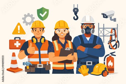 Construction Workers in Uniform with Safety Equipment in the Workplace, Simple Flat Vector Illustration of Industrial Team Wearing PPE like Helmets, Vests, and Goggles for Occupational Health.