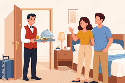 Hotel Room Service Vector Illustration with a Waiter Delivering a Meal Tray to a Happy Young Couple in a Modern Hotel Room. Hospitality Staff Providing Food and Drinks to Guests on Vacation.