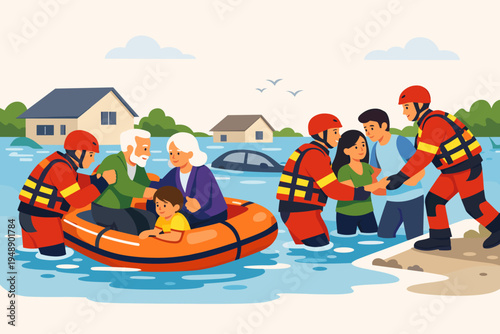 Flood Rescue Team Helping Victims to Safety in a Natural Disaster Scene with an Inflatable Boat, Submerged Houses, and a Car; Flat Vector Illustration of Emergency Services Saving a Family.