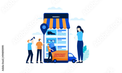 Online Shopping Mobile App with Fast Delivery Service. E-commerce store on smartphone screen with customers ordering and receiving products via delivery truck.