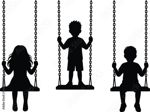 Children on playground swings silhouettes set, kids swinging collection, black child play activity icons isolated for park and childhood design