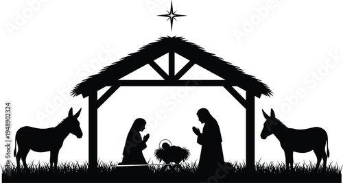 Christmas Nativity Scene Silhouette with Mary, Joseph and Baby Jesus in Manger Under Bethlehem Star with Donkeys in Stable