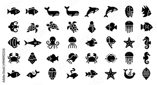 Black  White Glyph Icons of Various Sea Creatures and Marine Life