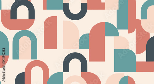 Retro Geometric Abstract Shapes Seamless Pattern, Mid Century Modern Style