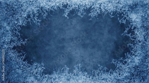 Intricate ice crystal formations create a natural frame against a blurred dark background, ideal for use as a decorative element in cold-weather themes.