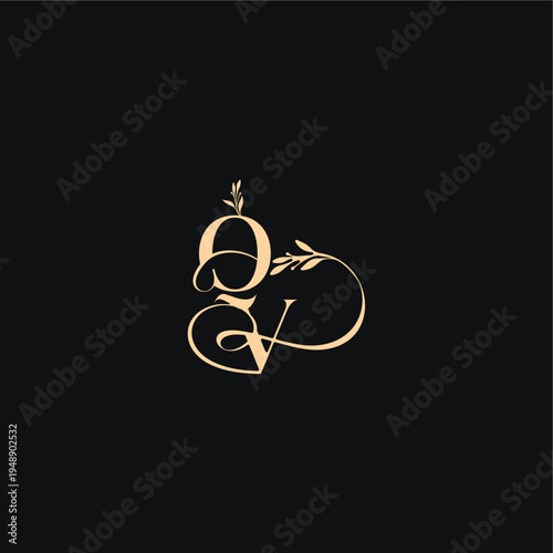 monogram elegant concept luxury feel with wavy line QV organic leaves wedding logo letter