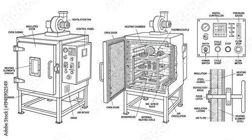 Industrial Laboratory Oven Diagram with Labeled Components