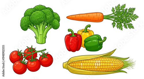 Vector illustration of healthy fresh vegetables with broccoli carrot tomato and corn