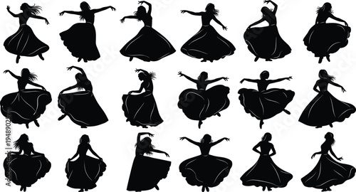 Collection of elegant dancing women silhouettes in flowing dresses, graceful female dancer poses set, artistic dance movement vector isolated background