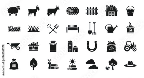 Farm Icons Set - Black and White Glyph Style