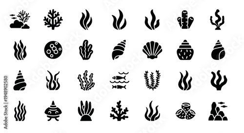 Underwater Icons: Coral, Seaweed, Shells, Fish, Rocks - Glyph Style