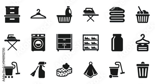 Home Cleaning and Laundry Icons Set - Black and White Glyph Style
