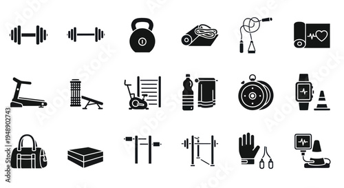 Black  White Glyph Icons of Gym and Fitness Equipment