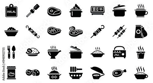 Food Icons Set - Halal, Meat, Cooking Utensils, Kitchen Appliances - Black Glyph