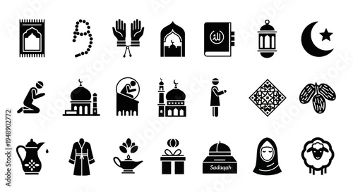 Islamic Icons: Ramadan, Prayer, Mosque, Quran, Dates, Sheep, Eid Icons - Glyph Style