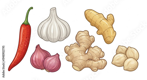 Vector illustration of Indonesian spices with chili garlic shallot ginger and turmeric