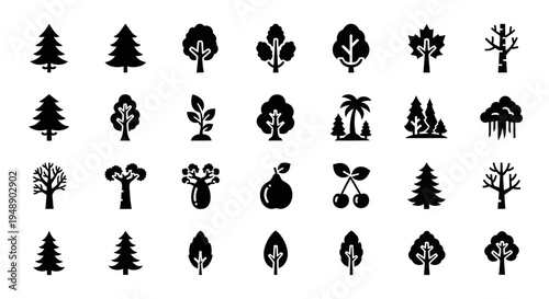 Set of Various Tree Icons in Black and White Glyph Style