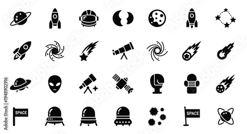 Space Icons Set: Planets, Rockets, Astronauts, UFOs, Black Glyph Style