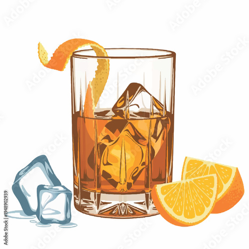 glass of whiskey with ice and cherry	