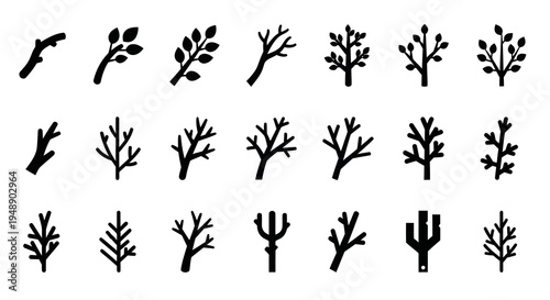 Vector Set of Black Tree Branch Icons on White Background