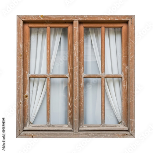 Old wooden window frame with white curtains isolated on a white background isolated on a transparent background