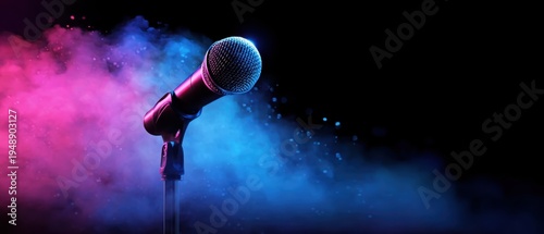 Dynamic stage shot of a microphone illuminated by vibrant blue and purple neon lights, perfect for music-related visuals, concert promotions, or karaoke themes.