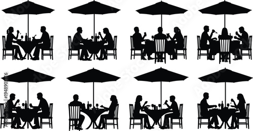 Couple dining silhouettes set, romantic restaurant dinner scenes with table and umbrella, black people eating icons isolated vector