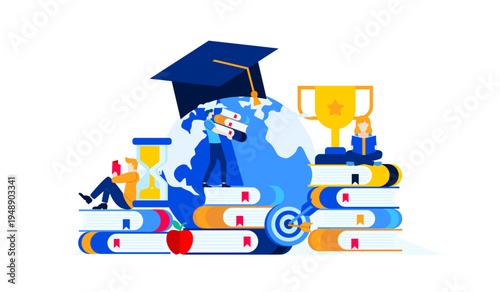 Global Education Concept with Students Studying, Books, Graduation Cap, and Achievement Trophy