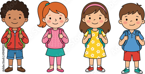 Cute school kids characters with backpacks, smiling boys and girls students cartoon illustration set isolated on white background